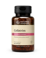 A bottle of Natures Sunshine Collatrim dietary supplement, featuring an amber brown bottle, a black cap, and a beige label with a pink accent band, containing 180 capsules.