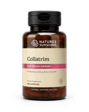 A bottle of Natures Sunshine Collatrim dietary supplement, featuring an amber brown bottle, a black cap, and a beige label with a pink accent band, containing 180 capsules.