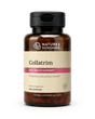 A bottle of Natures Sunshine Collatrim dietary supplement, featuring an amber brown bottle, a black cap, and a beige label with a pink accent band, containing 180 capsules.