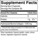A Supplement Facts label for a collagen supplement, showing serving size 3 capsules, 60 servings per container, and a table with calories, protein, and hydrolyzed bovine collagen content. Other ingredients listed: capsule in gelatin, water, silicon dioxide, and vegetable magnesium stearate.