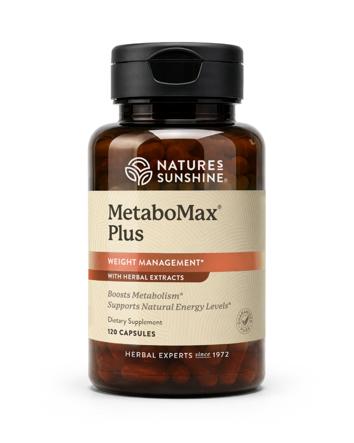 A bottle of Nature's Sunshine MetaboMax Plus dietary supplement, containing 120 capsules, on a clean white background.