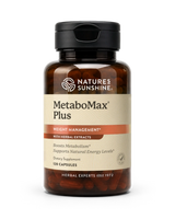A bottle of Nature's Sunshine MetaboMax Plus dietary supplement, containing 120 capsules, on a clean white background.