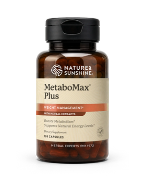 A bottle of Nature's Sunshine MetaboMax Plus dietary supplement, containing 120 capsules, on a clean white background.