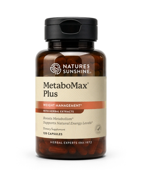A bottle of Nature's Sunshine MetaboMax Plus dietary supplement, containing 120 capsules, on a clean white background.