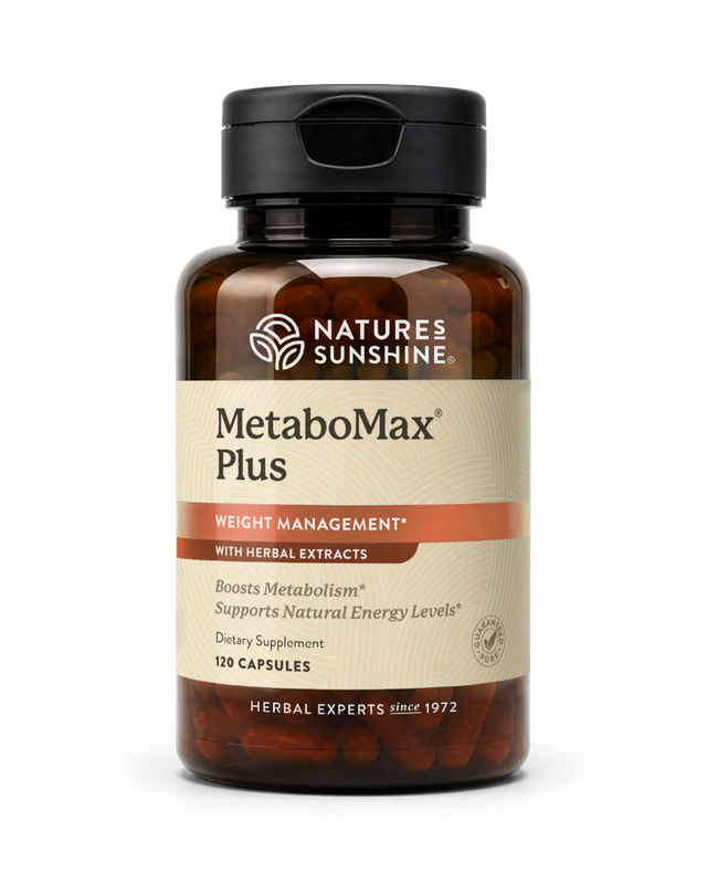 A bottle of Nature's Sunshine MetaboMax Plus dietary supplement, containing 120 capsules, on a clean white background.