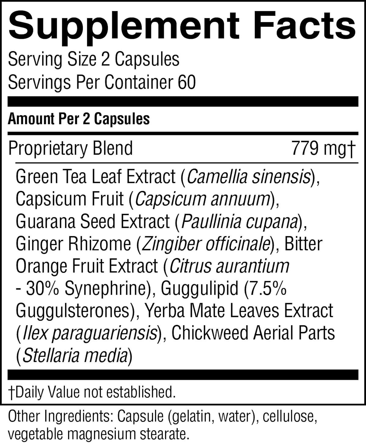 A black and white Supplement Facts label showing the ingredients of a proprietary blend, including Green Tea Leaf Extract, Capsicum Fruit, Guarana Seed Extract, Ginger Rhizome, Bitter Orange Fruit Extract, Guggulsterones, Yerba Mate Leaves Extract, and Chickweed Aerial Parts.