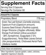 A black and white Supplement Facts label showing the ingredients of a proprietary blend, including Green Tea Leaf Extract, Capsicum Fruit, Guarana Seed Extract, Ginger Rhizome, Bitter Orange Fruit Extract, Guggulsterones, Yerba Mate Leaves Extract, and Chickweed Aerial Parts.