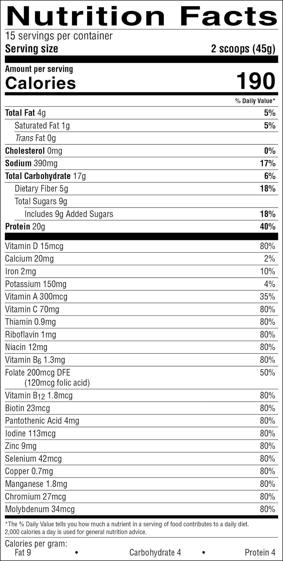 A Nutrition Facts label for a powdered supplement or protein powder, showing 2 scoops (45g) with 190 calories and a list of nutrients including protein at 40g.
