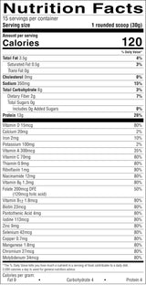 A Nutrition Facts label for a single serving of 1 round scoop (30g) showing a daily value table with calories, fat, protein, vitamins, and other nutrients on a black background with white text.
