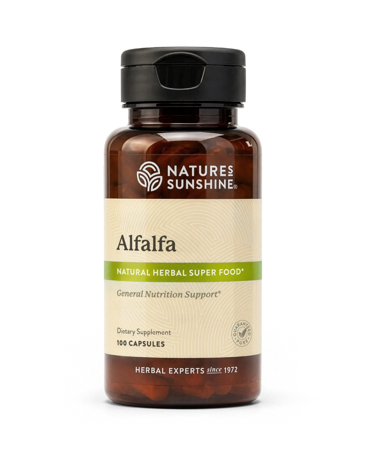 A bottle of Nature's Sunshine Alfalfa dietary supplement, containing 100 capsules, on a clean white background.