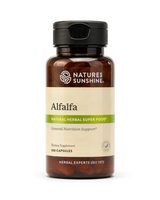 A bottle of Nature's Sunshine Alfalfa dietary supplement, containing 100 capsules, on a clean white background.
