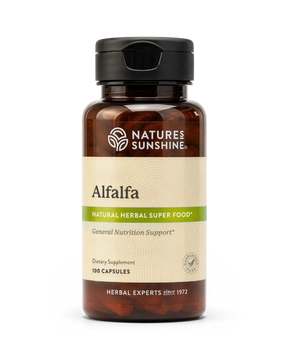 A bottle of Nature's Sunshine Alfalfa dietary supplement, containing 100 capsules, on a clean white background.