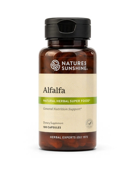 A bottle of Nature's Sunshine Alfalfa dietary supplement, containing 100 capsules, on a clean white background.