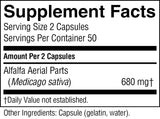A close-up of a supplement facts label showing serving size 2 capsules, servings per container 50, and raspberry leaves (Rubus idaeus) at 720 mg. The label is black text on a white background.