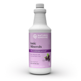A white plastic bottle of Nature's Sunshine Ionic Minerals dietary supplement with a lavender-purple label, set against a plain white background with a soft shadow.