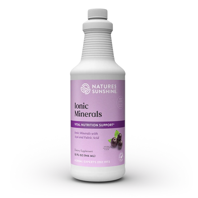 A white plastic bottle of Nature's Sunshine Ionic Minerals dietary supplement with a lavender-purple label, set against a plain white background with a soft shadow.
