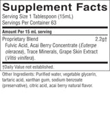 A close-up of a supplement facts label showing serving size 1 tablespoon (15mL), 63 servings per container, and a proprietary blend with listed ingredients including acai berry concentrate, fulvic acid, and grape skin extract.