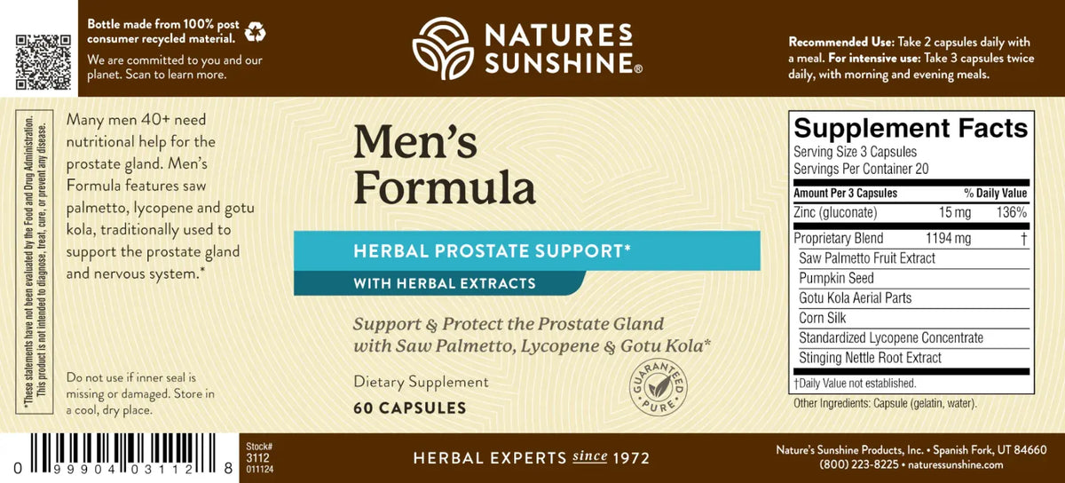 Natures Sunshine Men's Formula Herbal Prostate Support supplement label