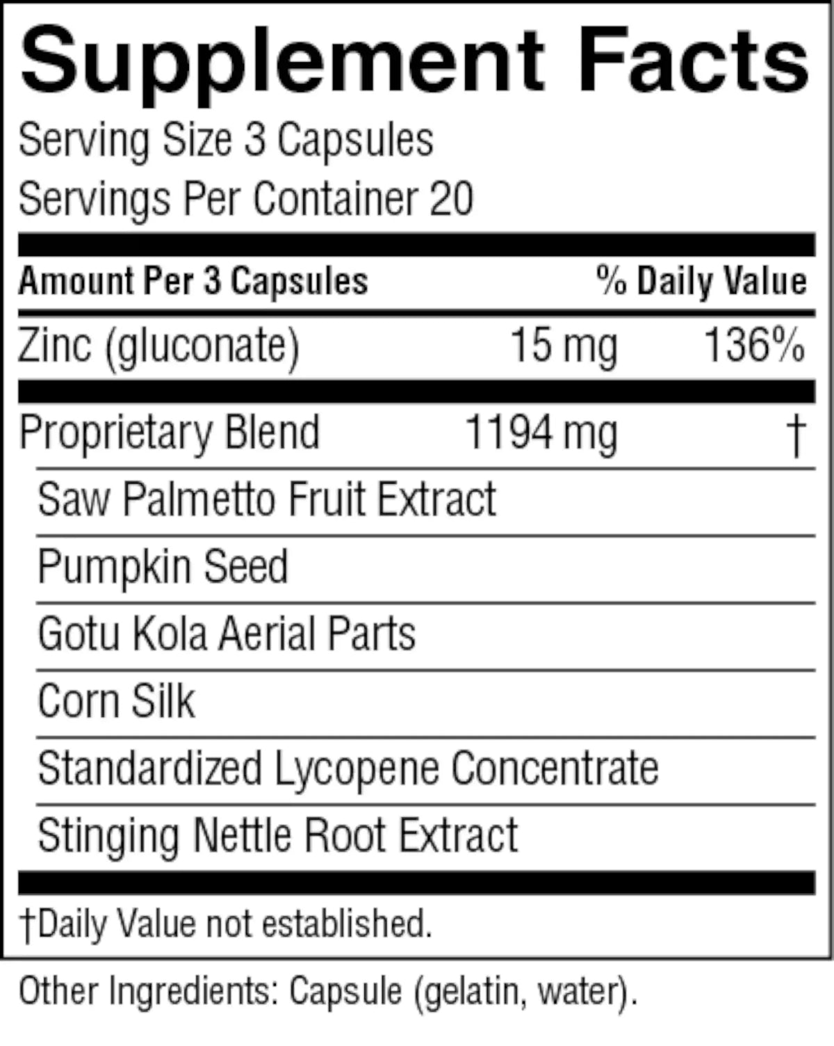 Supplement facts label with various ingredients and their amounts per serving.
