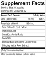 Supplement facts label with various ingredients and their amounts per serving.