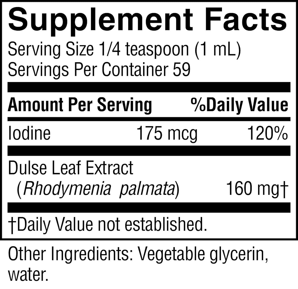 A close-up of a supplement facts label showing iodine content and dulse leaf extract, with text listing vegetable glycerin and water as other ingredients.
