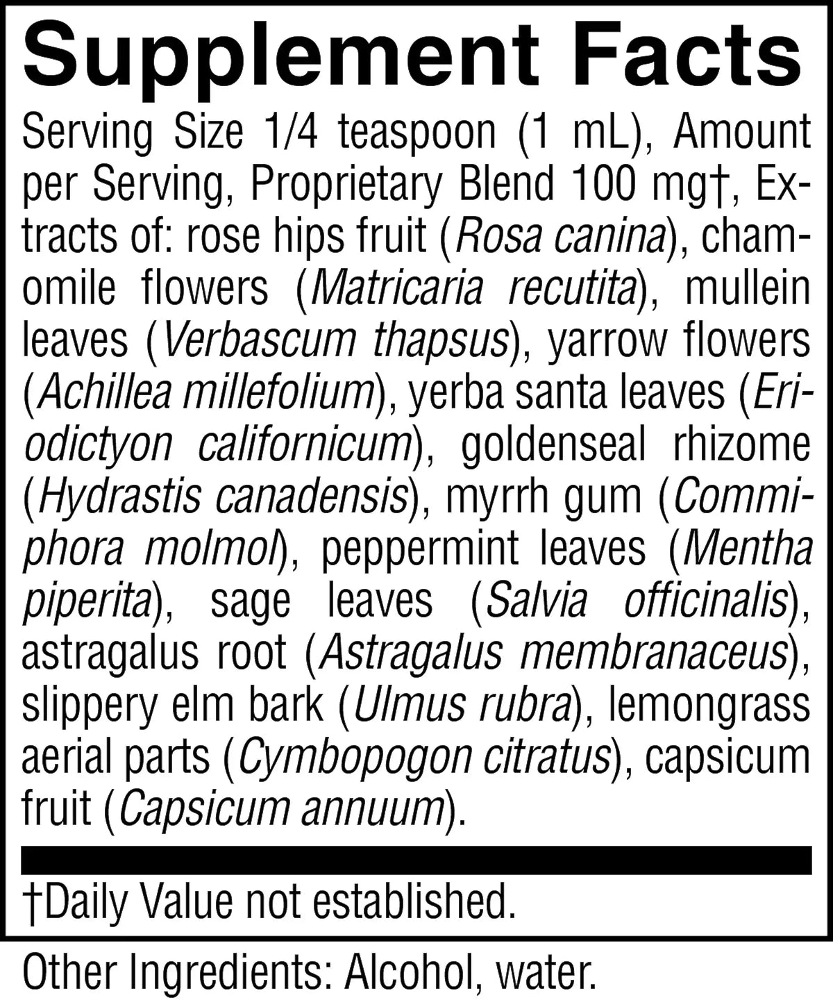 A close-up of a black-and-white supplement facts label with text listing serving size, amount per serving, extracts, and other ingredients.