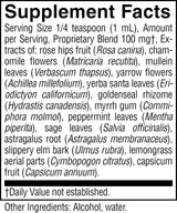 A close-up of a black-and-white supplement facts label with text listing serving size, amount per serving, extracts, and other ingredients.