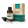 Nature's Sunshine Lymphatic Drainage liquid herbal extract supplement, showing a 2 fl oz amber glass bottle with a black dropper cap, a separate glass dropper, and the product packaging box on a white background.