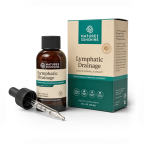 Nature's Sunshine Lymphatic Drainage liquid herbal extract supplement, showing a 2 fl oz amber glass bottle with a black dropper cap, a separate glass dropper, and the product packaging box on a white background.