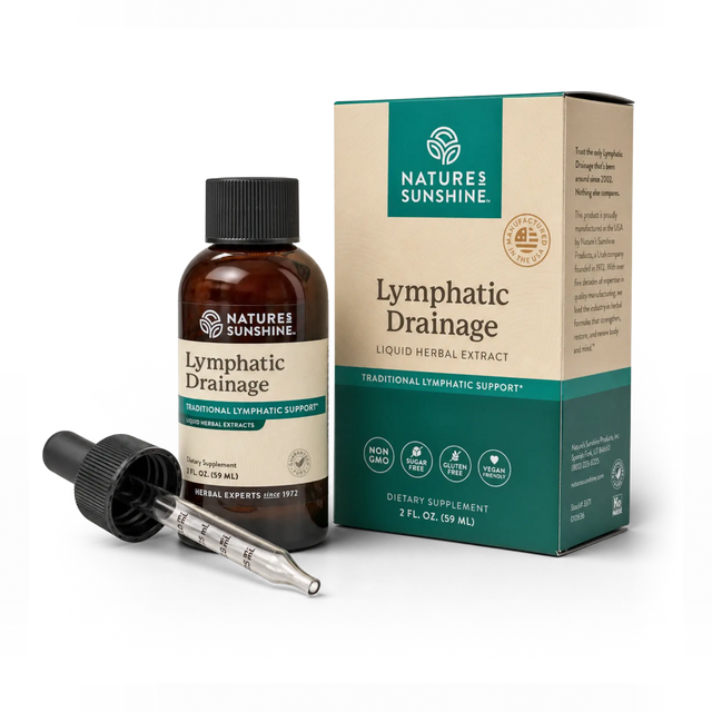 Nature's Sunshine Lymphatic Drainage liquid herbal extract supplement, showing a 2 fl oz amber glass bottle with a black dropper cap, a separate glass dropper, and the product packaging box on a white background.