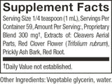 Supplement facts label with ingredient list and serving size details.
