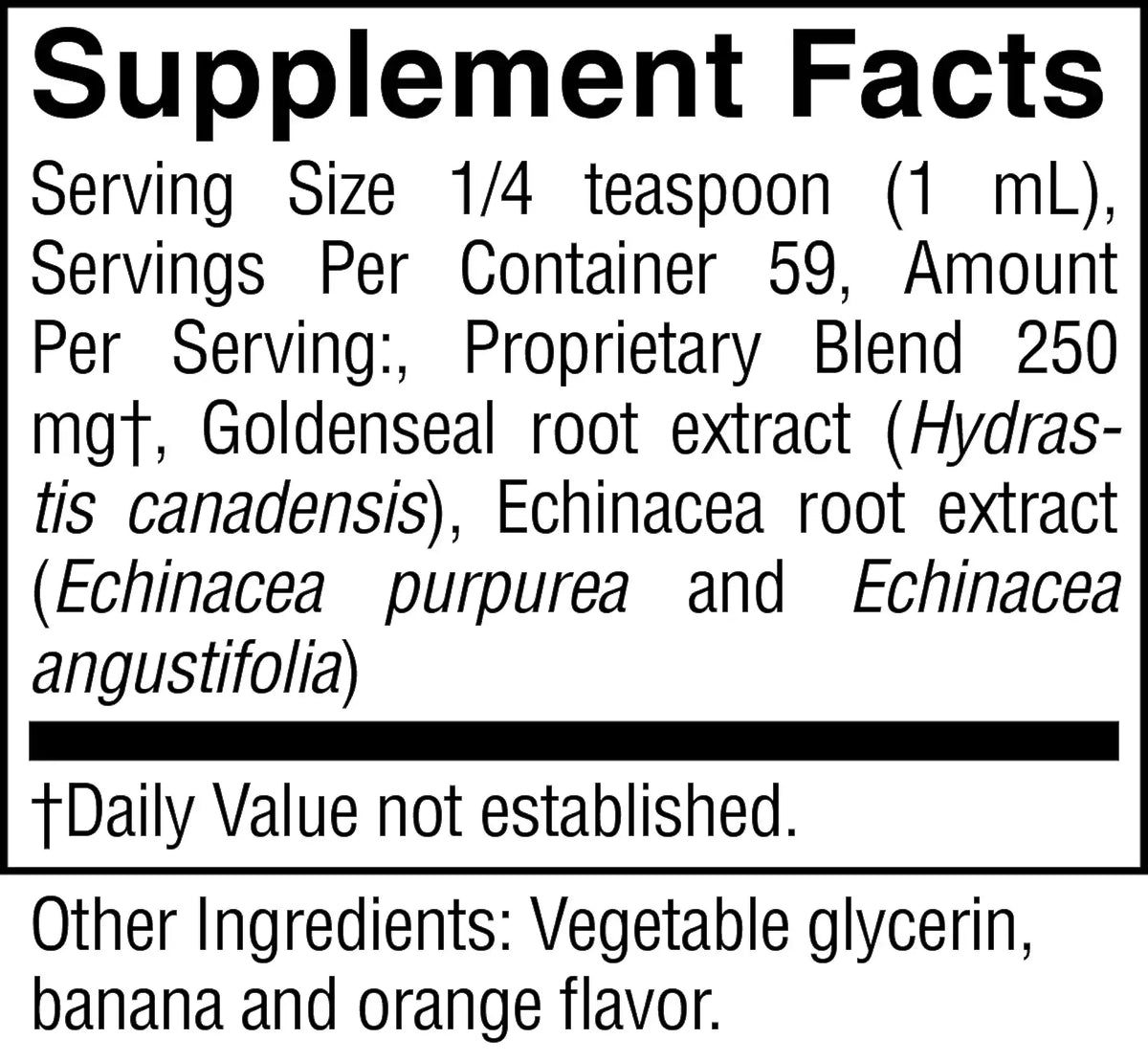 A close-up of a supplement facts label with black text on a white background, showing serving size, servings per container, and other ingredients including vegetable glycerin and banana.