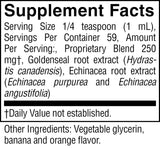 A close-up of a supplement facts label with black text on a white background, showing serving size, servings per container, and other ingredients including vegetable glycerin and banana.