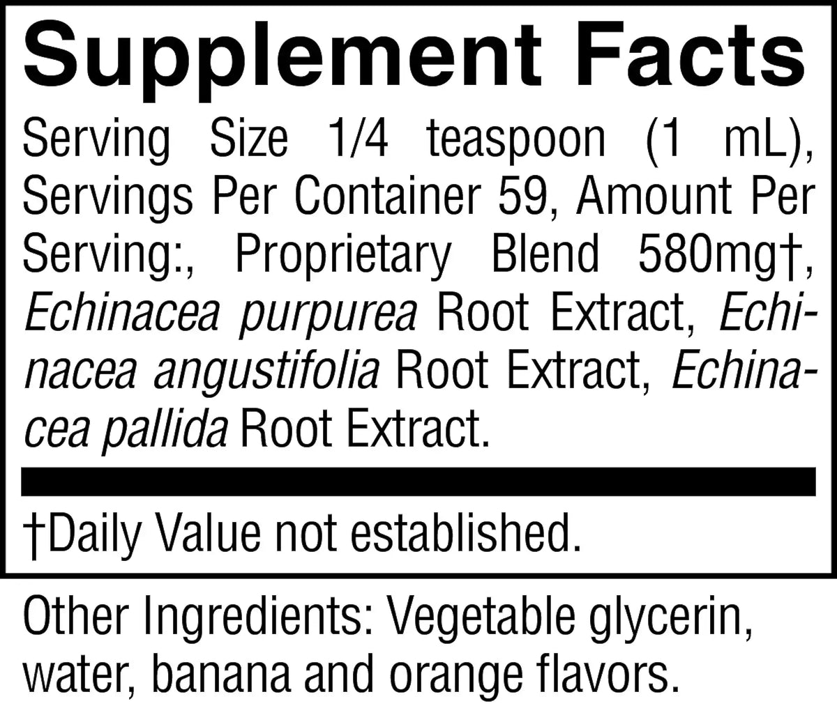 A close-up of a supplement facts label showing serving size, servings per container, active ingredient amounts, and other ingredients including vegetable glycerin, water, banana, and orange flavors.