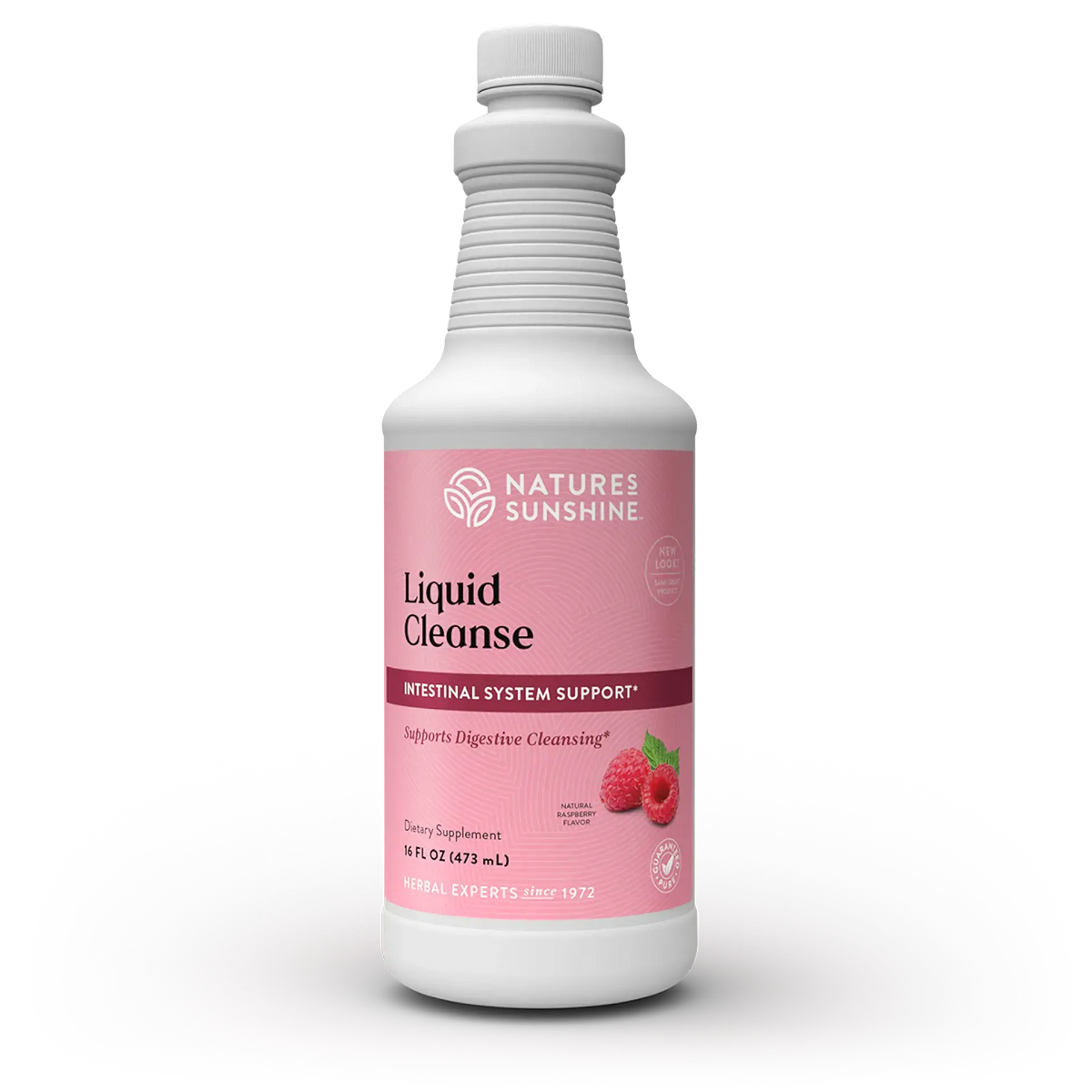 Nature's Sunshine Liquid Cleanse dietary supplement bottle, 16 fl oz, featuring a white bottle with a pink label and white cap, set against a plain white background.