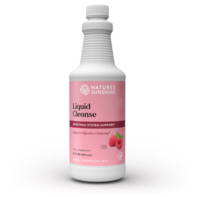 Nature's Sunshine Liquid Cleanse dietary supplement bottle, 16 fl oz, featuring a white bottle with a pink label and white cap, set against a plain white background.