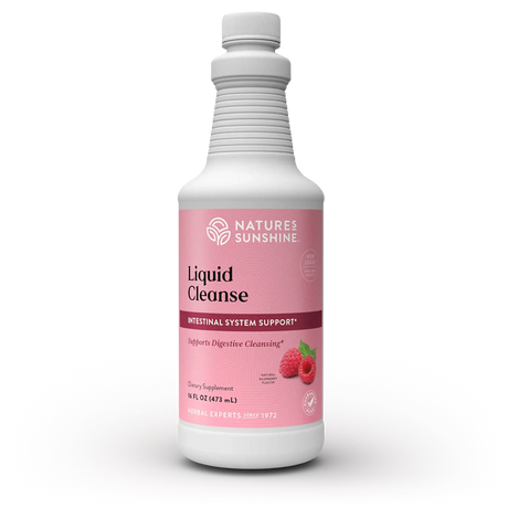 Nature's Sunshine Liquid Cleanse dietary supplement bottle, 16 fl oz, featuring a white bottle with a pink label and white cap, set against a plain white background.
