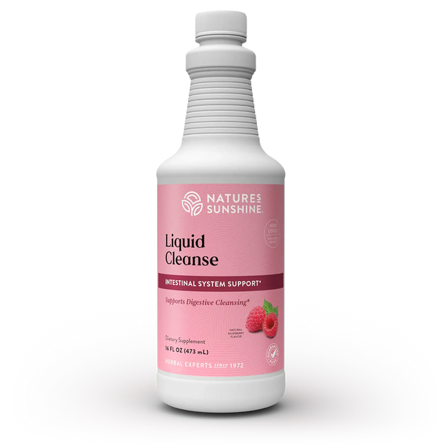 Nature's Sunshine Liquid Cleanse dietary supplement bottle, 16 fl oz, featuring a white bottle with a pink label and white cap, set against a plain white background.