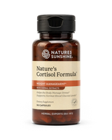 A bottle of Nature's Sunshine Cortisol Formula dietary supplement, featuring an amber brown bottle, beige label, and black cap, shown on a clean white background.