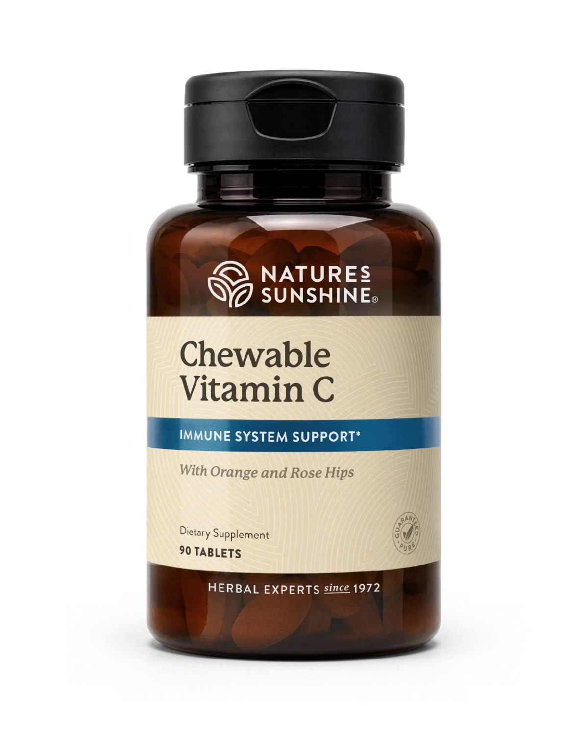 A bottle of Nature's Sunshine Chewable Vitamin C dietary supplement, 90 tablets, on a clean white background.