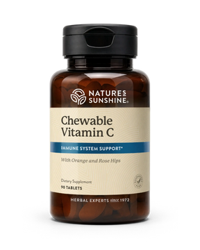 A bottle of Nature's Sunshine Chewable Vitamin C dietary supplement, 90 tablets, on a clean white background.