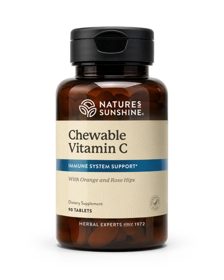 A bottle of Nature's Sunshine Chewable Vitamin C dietary supplement, 90 tablets, on a clean white background.