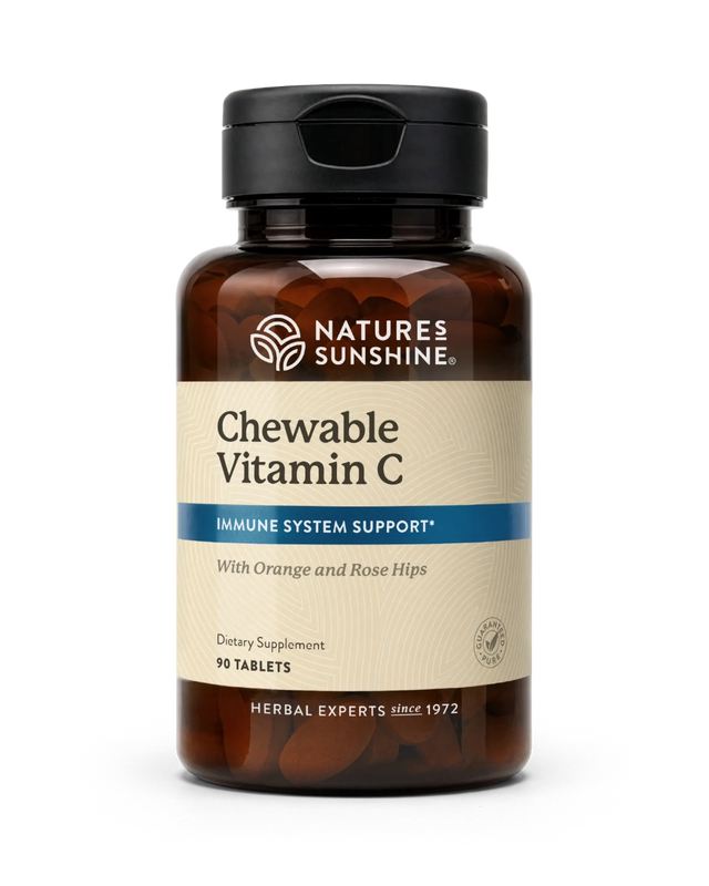A bottle of Nature's Sunshine Chewable Vitamin C dietary supplement, 90 tablets, on a clean white background.