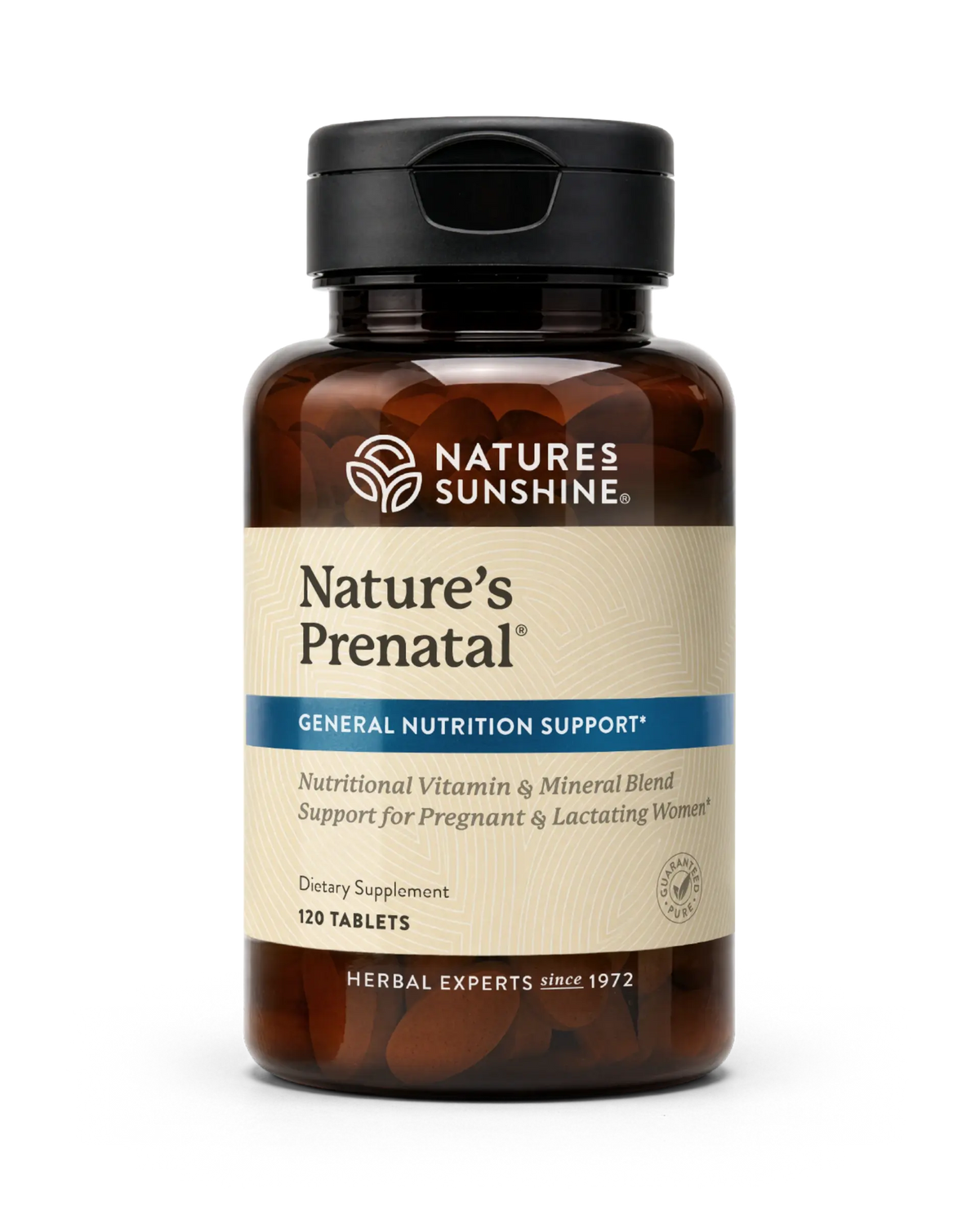 Nature's Sunshine Nature's Prenatal dietary supplement bottle with 120 tablets, featuring an amber brown bottle, black cap, and beige label with blue accents.