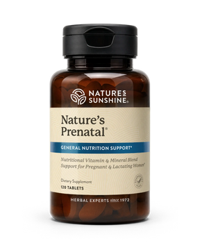Nature's Sunshine Nature's Prenatal dietary supplement bottle with 120 tablets, featuring an amber brown bottle, black cap, and beige label with blue accents.