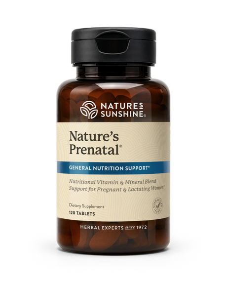 Nature's Sunshine Nature's Prenatal dietary supplement bottle with 120 tablets, featuring an amber brown bottle, black cap, and beige label with blue accents.