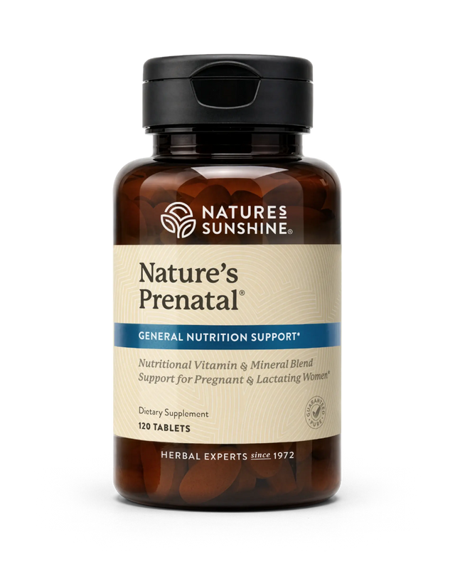 Nature's Sunshine Nature's Prenatal dietary supplement bottle with 120 tablets, featuring an amber brown bottle, black cap, and beige label with blue accents.