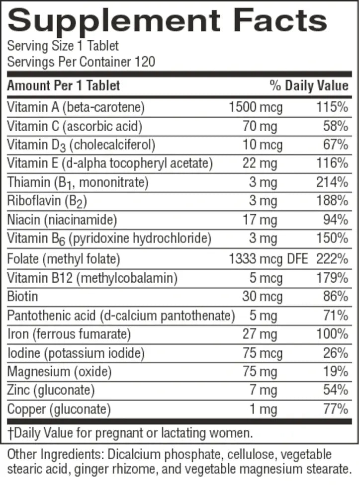 A Supplement Facts label showing a daily value table for a multivitamin, with listed nutrients such as Vitamin A, Vitamin C, Vitamin D3, and Biotin, plus a note about pregnancy and lactation.