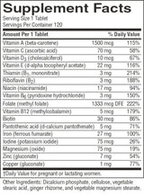 A Supplement Facts label showing a daily value table for a multivitamin, with listed nutrients such as Vitamin A, Vitamin C, Vitamin D3, and Biotin, plus a note about pregnancy and lactation.