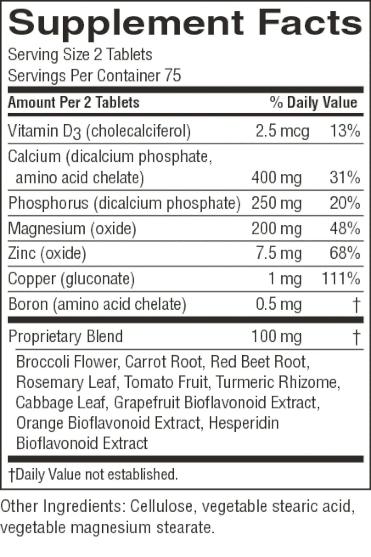 A close-up of a supplement facts label showing a 'Proprietary Blend' of broccoli flower, carrot root, red beet root, rosemary leaf, tomato fruit, turmeric rhizome, grapefruit extract, orange bioflavonoid extract, and hesperidin extract, with listed nutrients and daily value percentages.